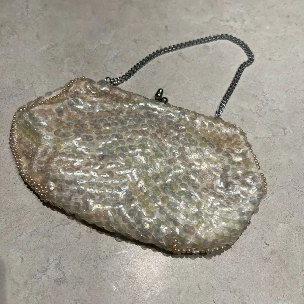 Vintage Beaded Evening Clutch Bag - Pearlescent‎ Sequins & Pearls, Made in Japan
